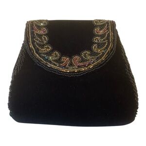 Regal Black Velvet Beaded Evening Clutch / Crossbody Purse